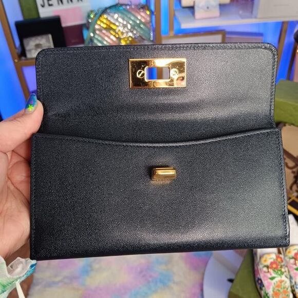 Vintage Gucci Dark Midnight Blue Wax Calf Leather Gold Turn Lock Wallet w/Box - Picture 7 of 16